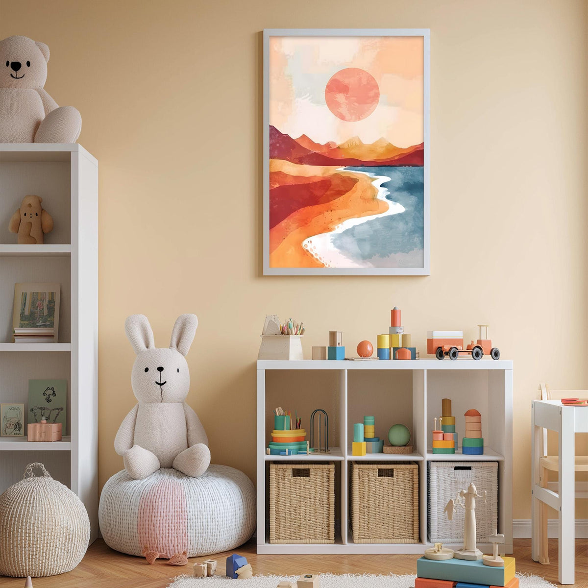A cozy children's room with a large stuffed bunny, a bookshelf, and a colorful painting of a beach scene on the wall.