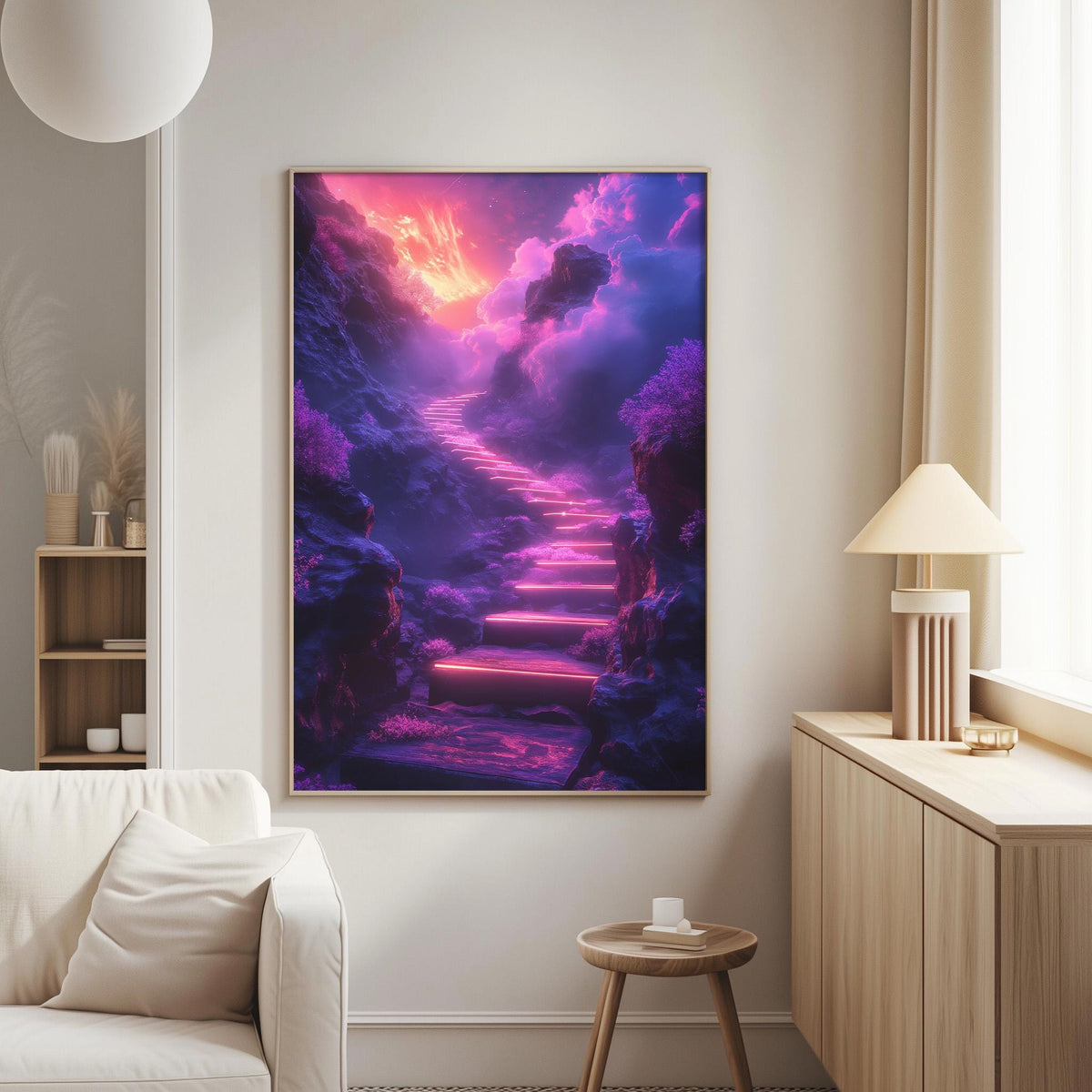a large, vibrant painting of a fantastical staircase leading up to a mountainous landscape, with a purple and orange sky above. The painting is hung on a wall in a living room setting, with a white couch and a wooden side table visible in the background.