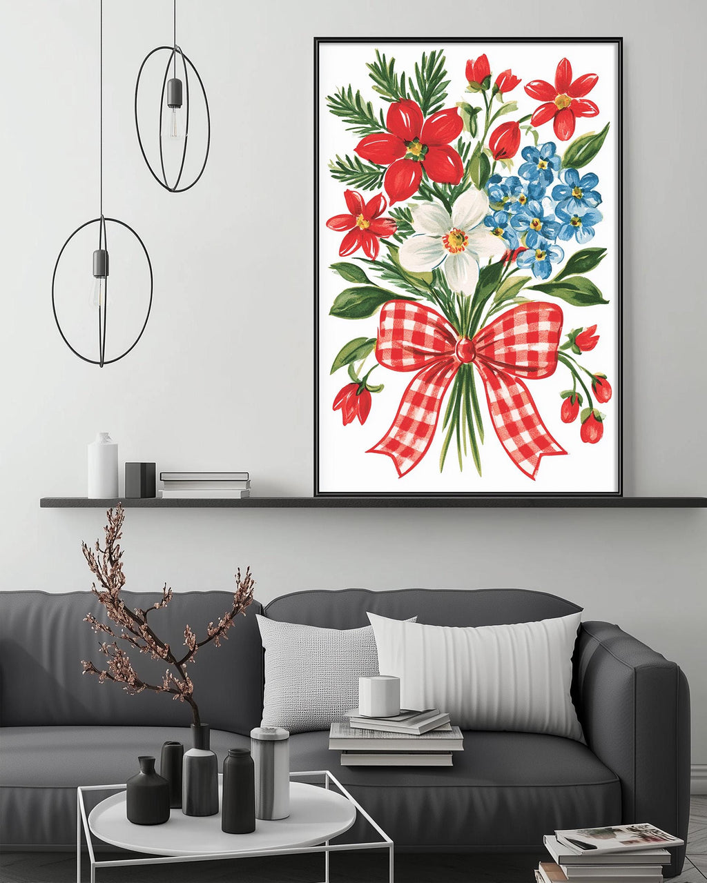 a cozy living room with a gray sofa, a coffee table, and a framed print of a vibrant floral arrangement with a red and white checkered bow.