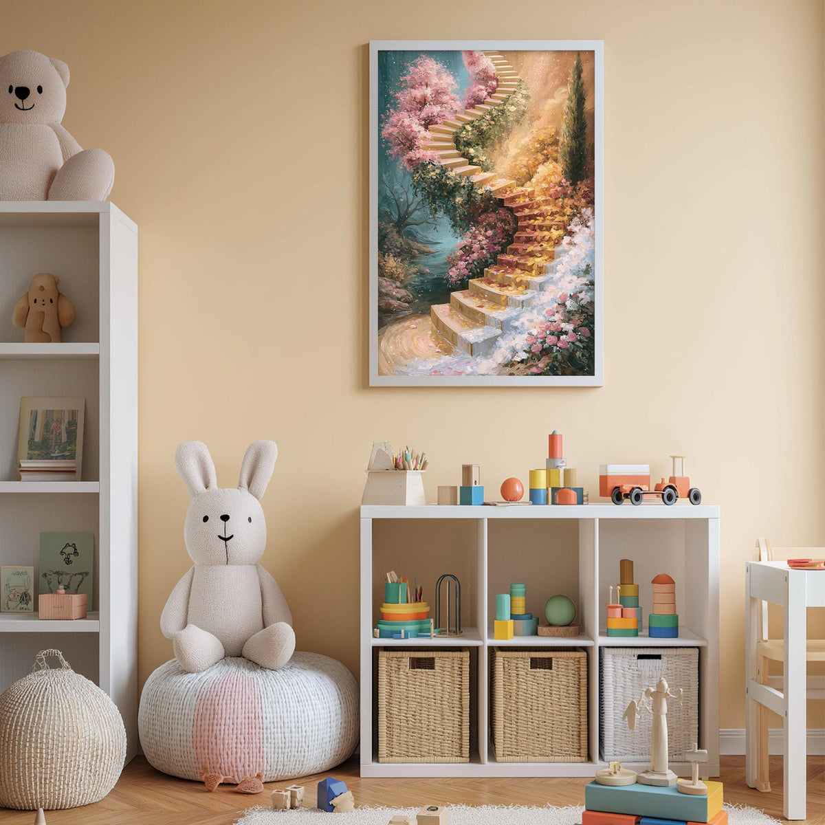 A cozy children's room with a large stuffed bunny, a bookshelf, and a colorful painting of a staircase leading to a garden.