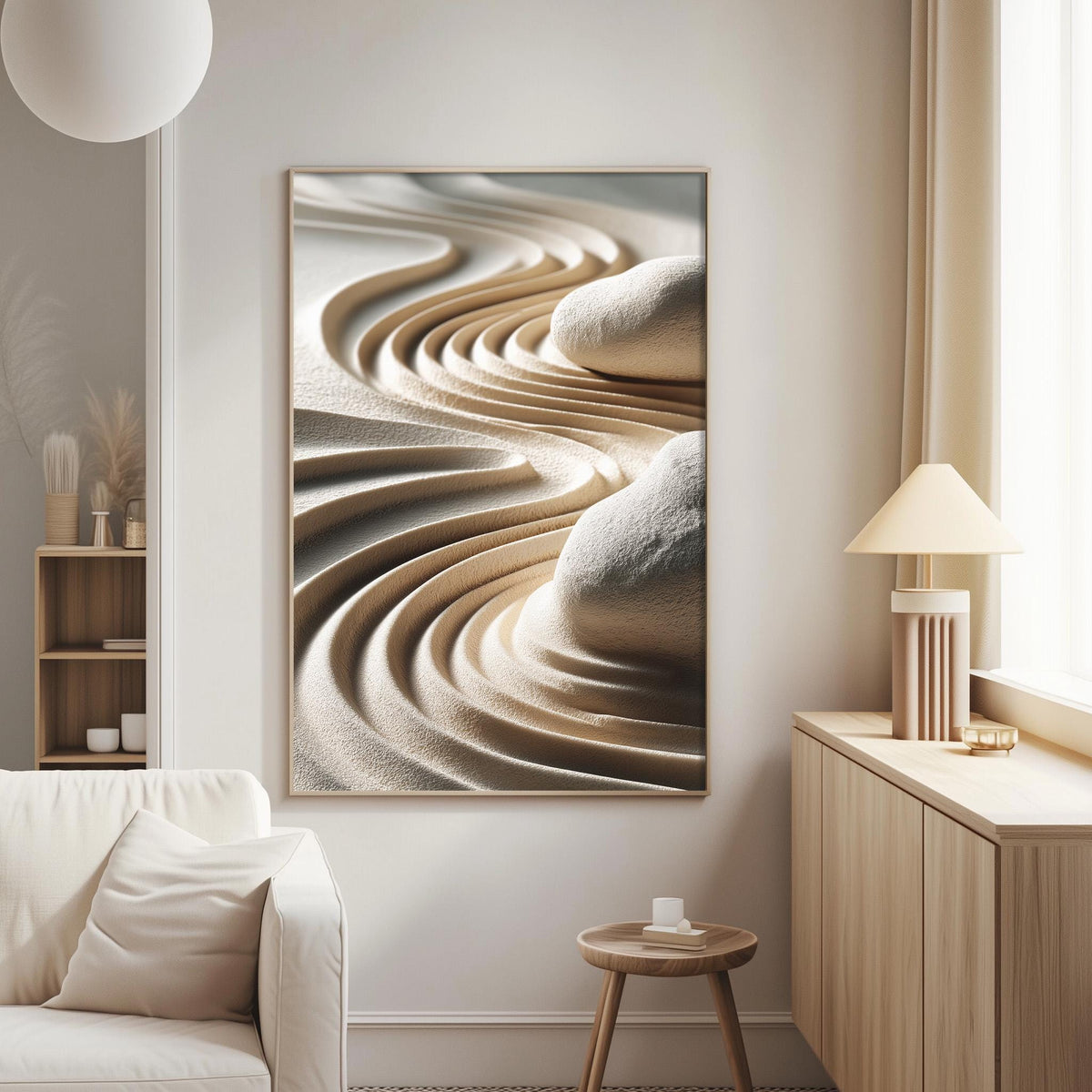 a modern living room with a large abstract painting hanging on the wall, depicting a pattern of curved lines and shapes. The room is furnished with a white sofa, a wooden side table, and a lamp on a wooden cabinet.
