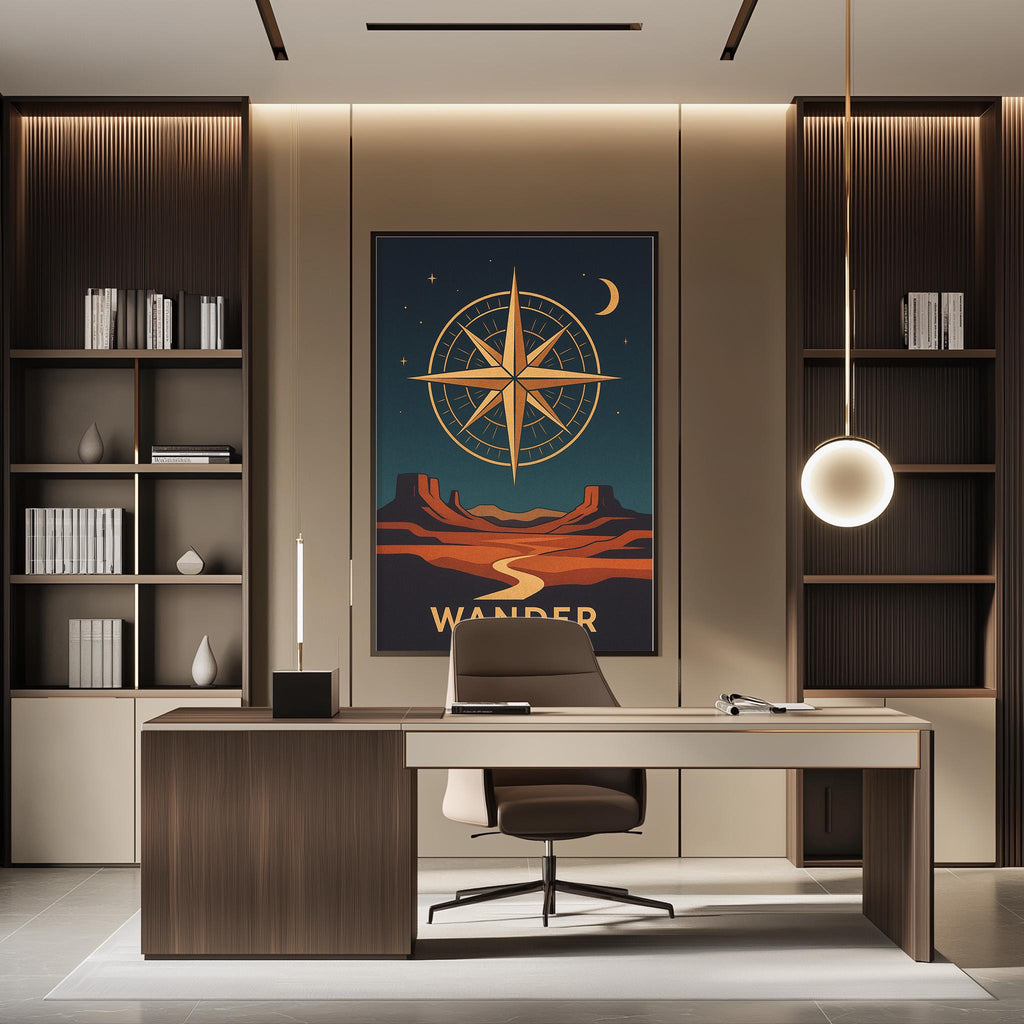 a modern office space with a large wall-mounted poster depicting a desert landscape with a compass rose and the word "WANDER" written below it. The office has a wooden desk, a chair, and a bookshelf, creating a professional and organized atmosphere.