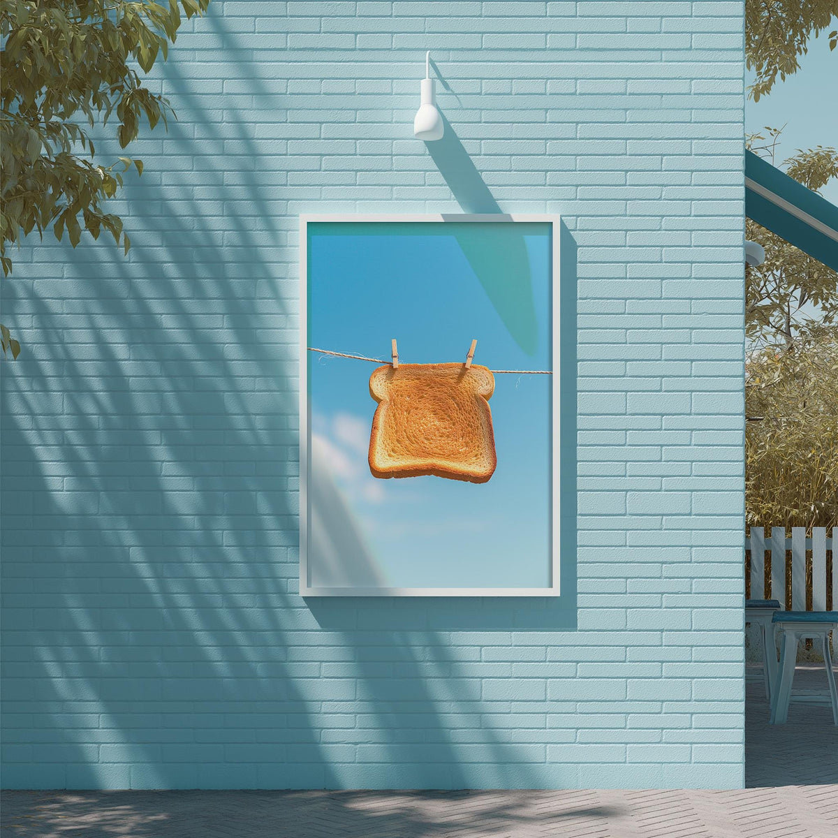 A framed image of a piece of bread hanging on a clothesline against a blue wall.