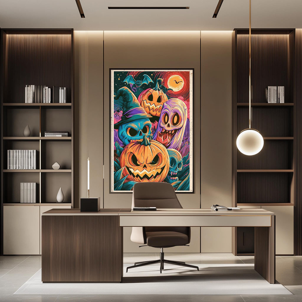 a modern office space with a large, colorful poster of Halloween pumpkins hanging on the wall above a desk with a chair.