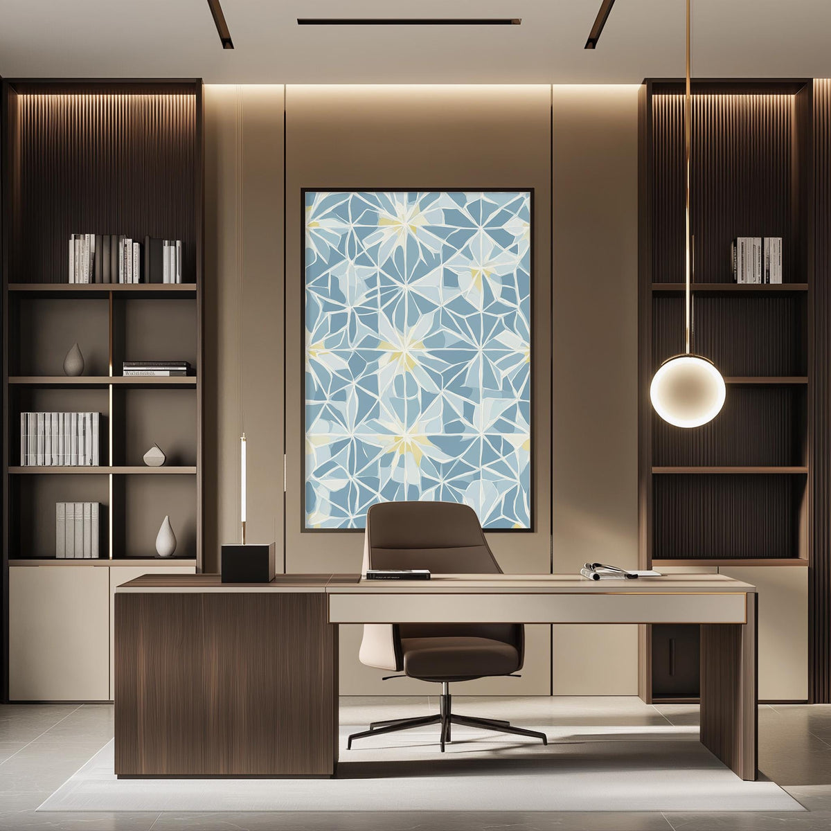 a modern and stylish office space with a large wooden desk, a comfortable-looking chair, and a large abstract painting on the wall.