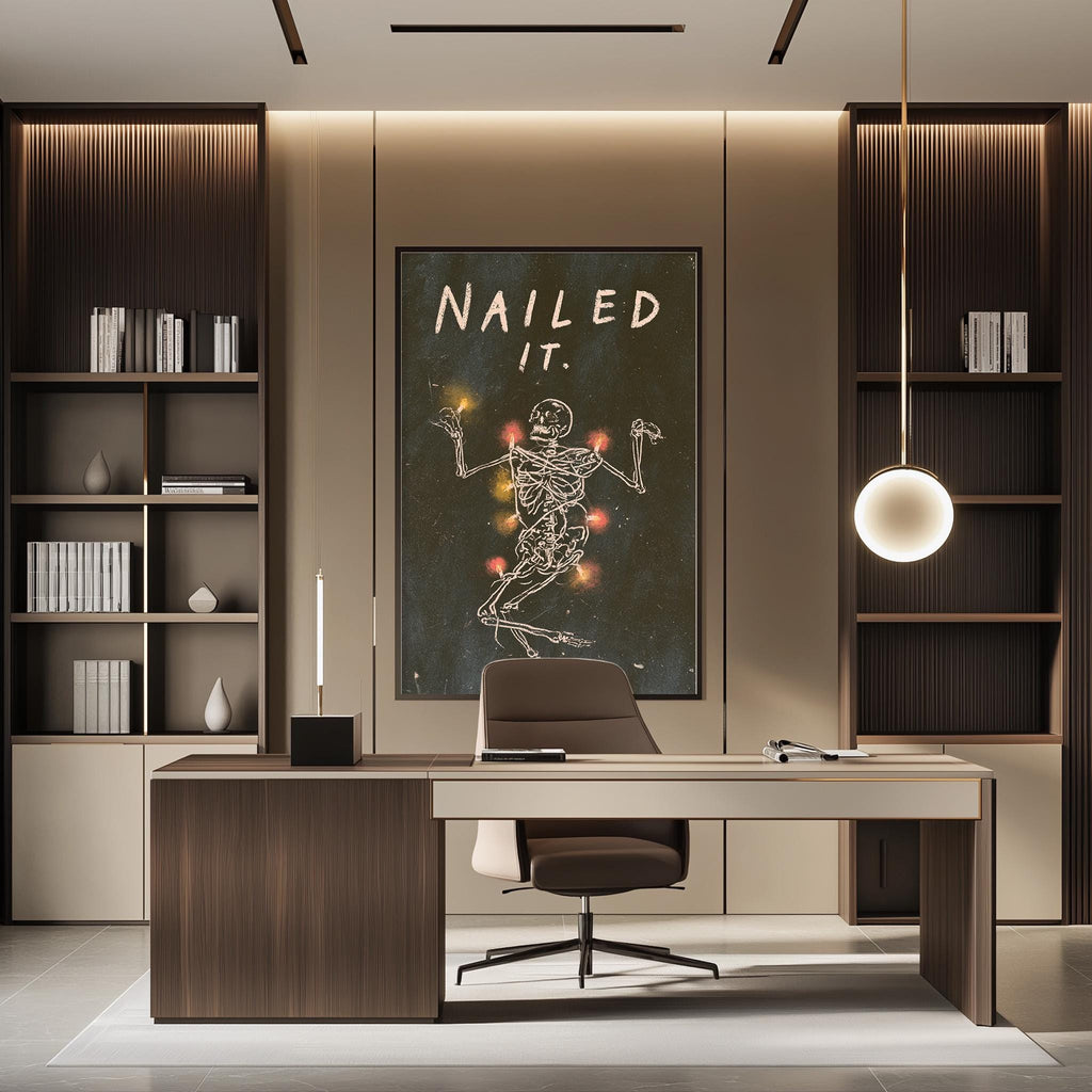a modern office space with a desk, chair, and shelving units. A large poster or artwork with the text "NAILED IT" is displayed on the wall above the desk.