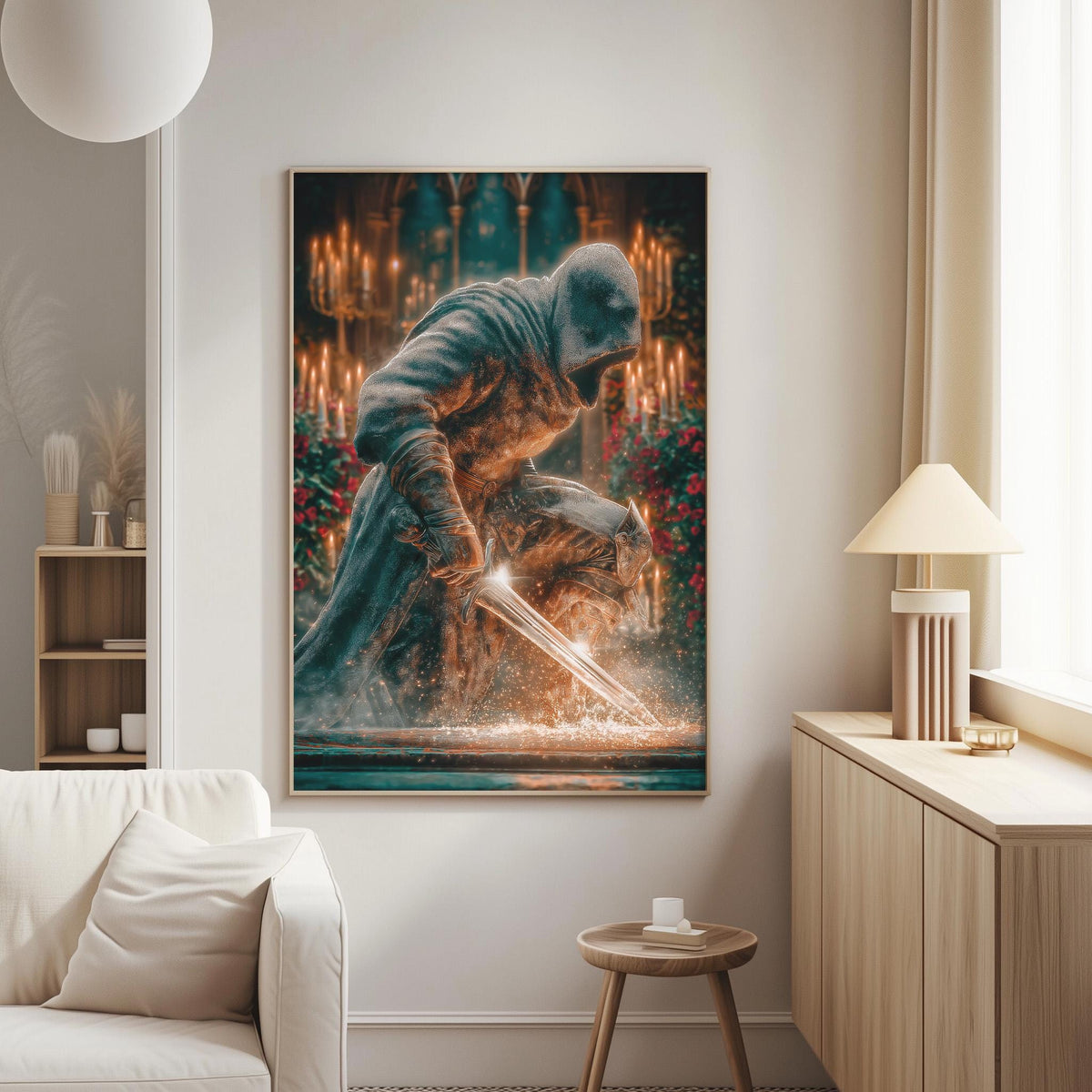 a large, colorful painting of a figure wielding a sword, set against a backdrop of a castle or palace.