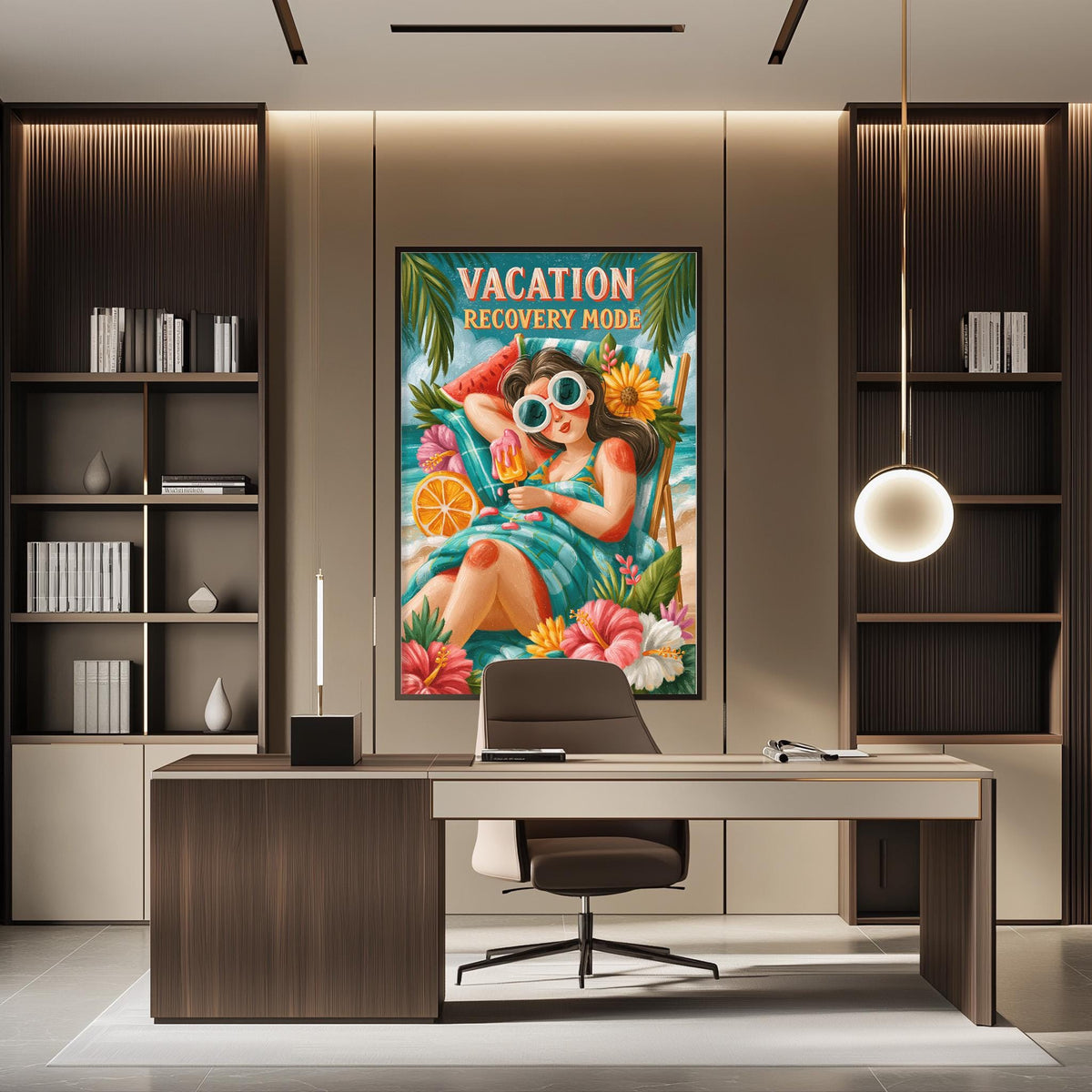 a modern office space with a large, colorful poster of a woman in a tropical setting hanging on the wall. The poster has the text "VACATION RECOVERY MODE" written on it. The office has a desk with a chair, and there are bookshelves on either side of the desk.