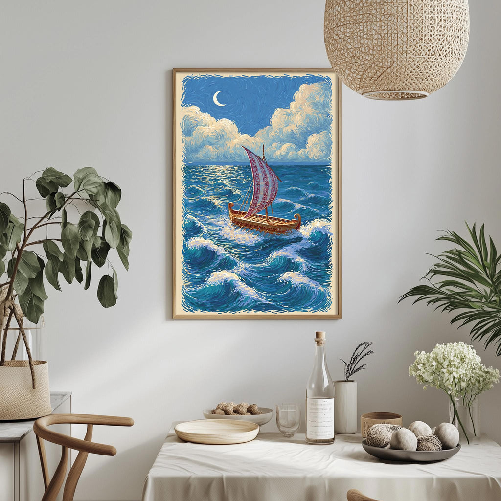 a painting of a sailboat on a blue ocean with a crescent moon in the sky, hanging on a wall above a table with various items on it.