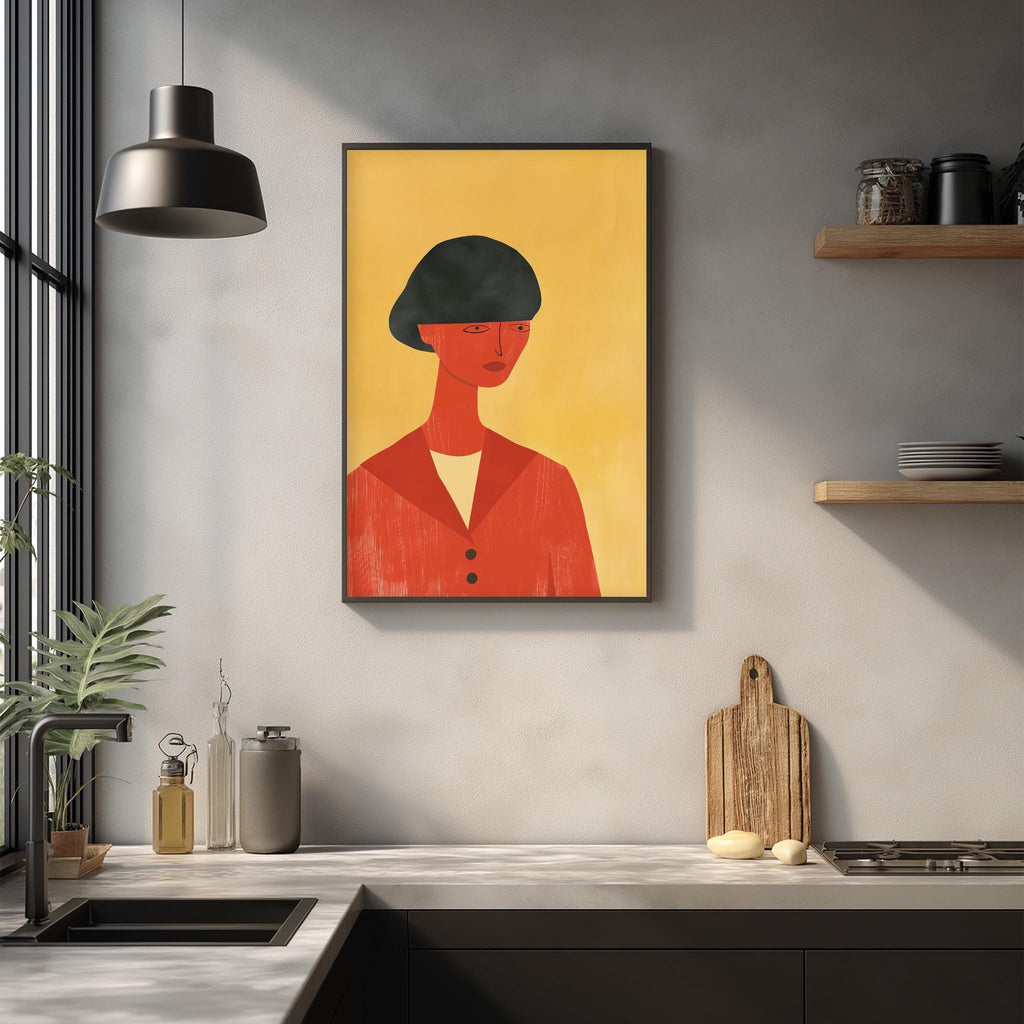 a kitchen counter with a framed illustration of a woman in a red jacket hanging on the wall above it. The counter also has various kitchen items, such as a cutting board, a bottle, and a vase.