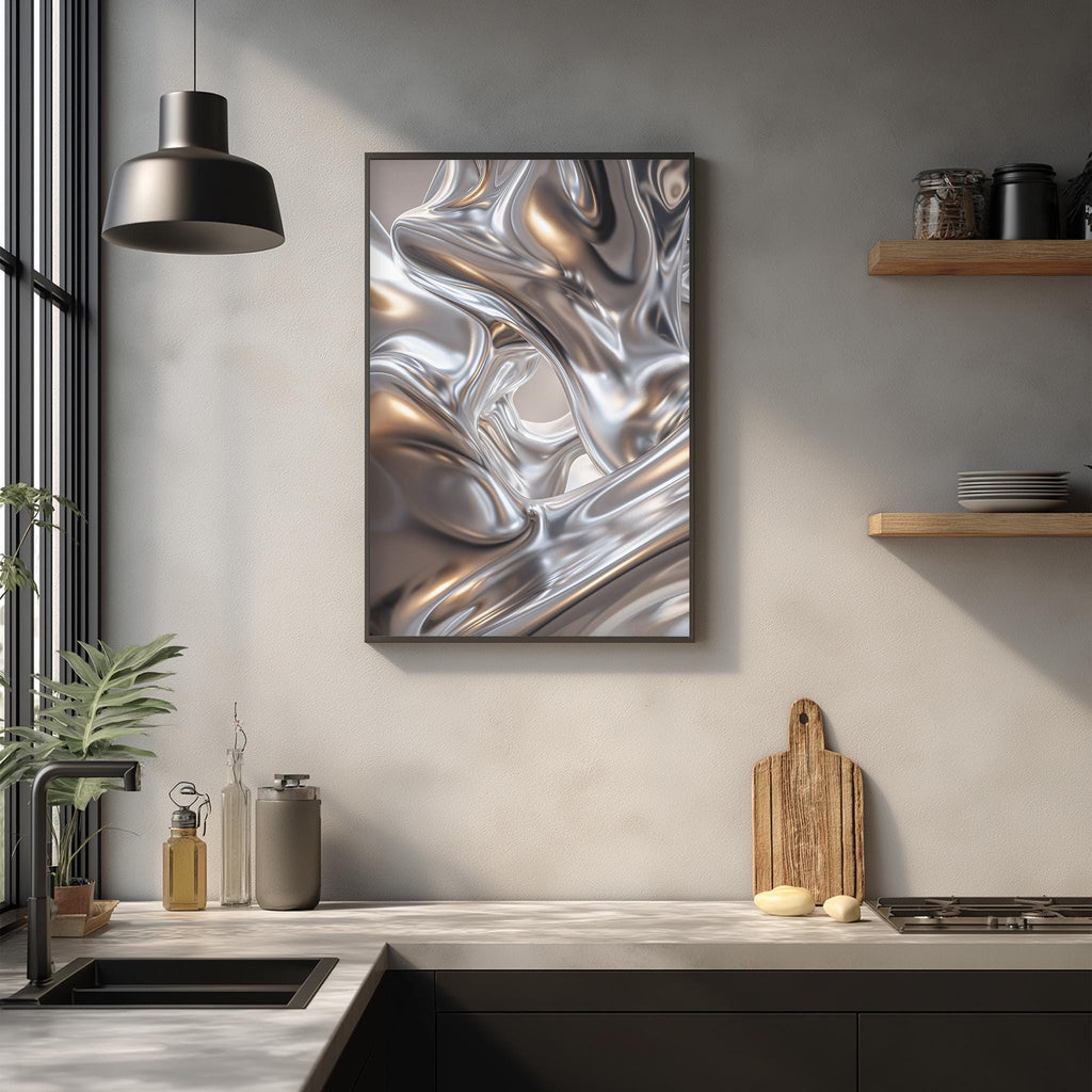 a modern kitchen with a large abstract painting hanging on the wall above a wooden cutting board and other kitchen items.