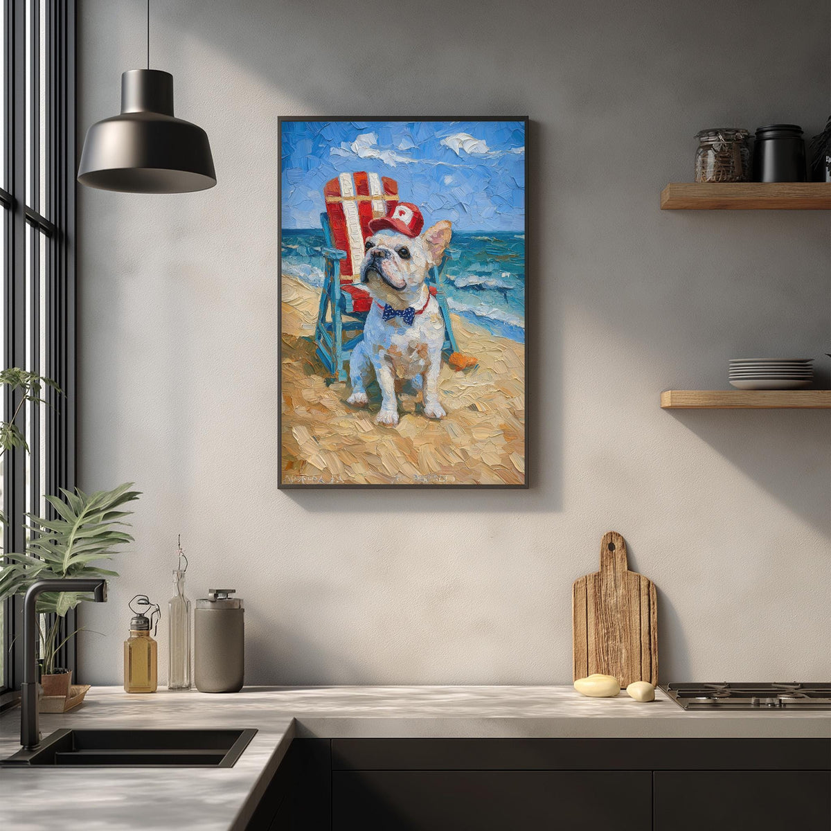 a framed painting of a dog sitting in a beach chair on a sandy beach, with the ocean in the background.