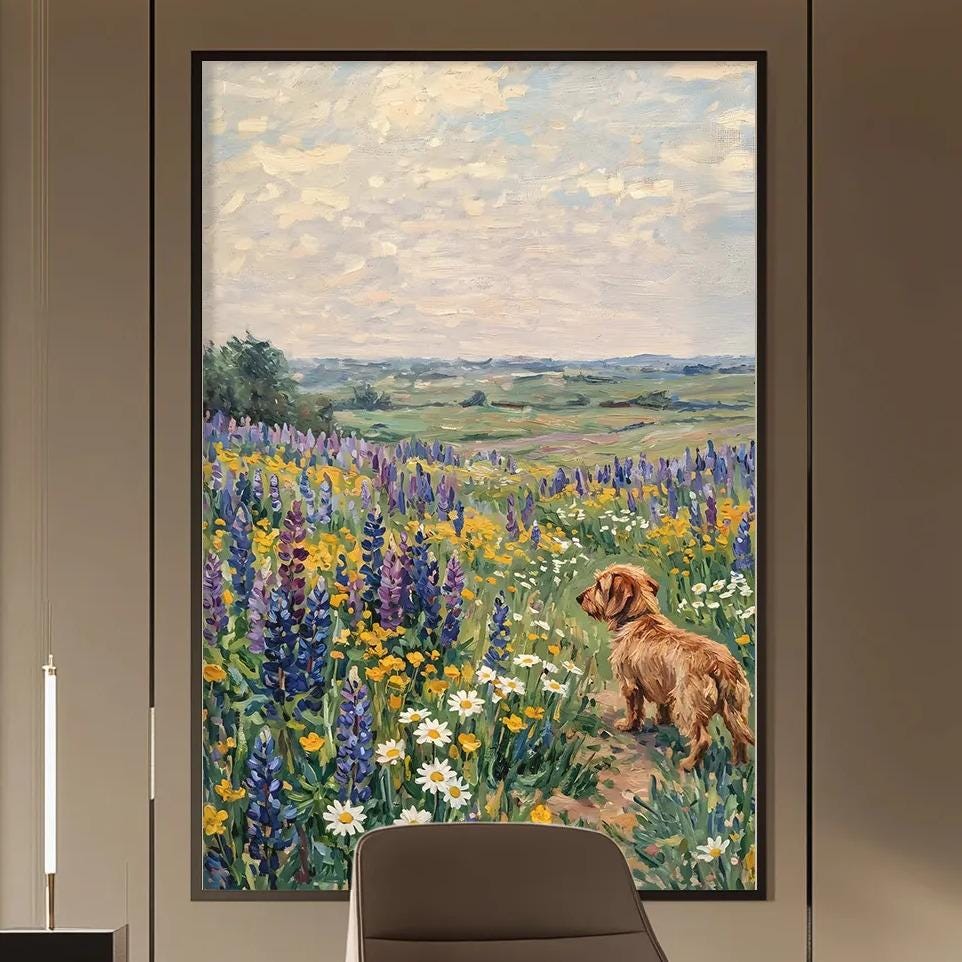 a modern office space with a large painting of a field of flowers hanging on the wall. The painting is the focal point of the room, and the office features a desk, chair, and shelving units.