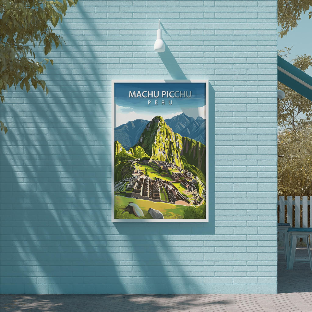 A framed poster of Machu Picchu, the ancient Inca citadel, is displayed on a light blue brick wall.