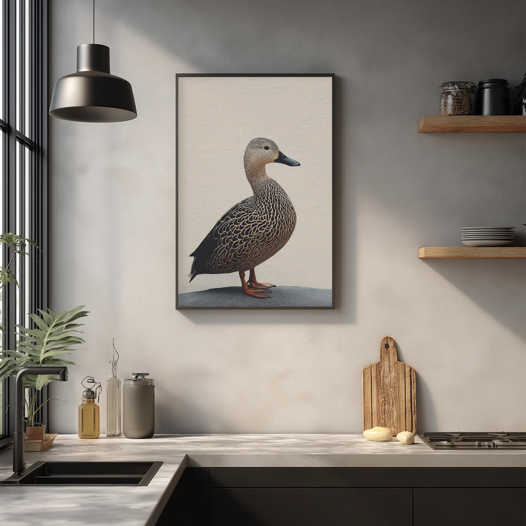 a kitchen counter with a framed picture of a duck hanging on the wall above it. The kitchen counter also has various kitchen items such as a cutting board, a bottle, and a bowl.