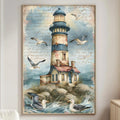 a large painting of a lighthouse on a wall, with seagulls flying around it. The painting is surrounded by a vintage-style frame, and there is a lamp and a couch in the room.