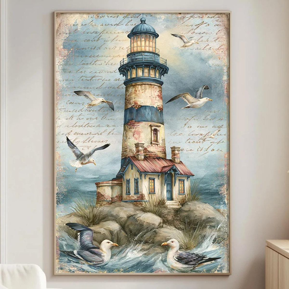 a large painting of a lighthouse on a wall, with seagulls flying around it. The painting is surrounded by a vintage-style frame, and there is a lamp and a couch in the room.