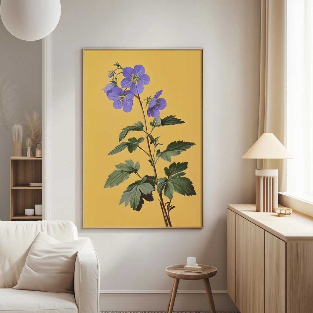 a living room with a large framed print of a purple flower on the wall, a white sofa, a wooden side table, and a lamp.