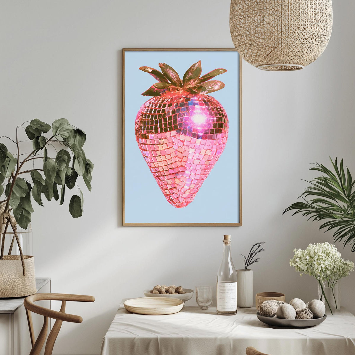a dining table with a white tablecloth, a bowl of fruit, a bottle, and a vase with flowers. Above the table, there is a framed picture of a pink disco ball with a strawberry design.