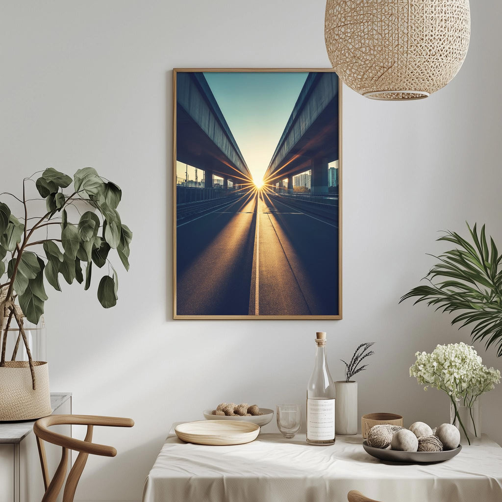 a dining table with a white tablecloth, a bottle, a bowl, and a vase with flowers. Above the table, there is a framed picture hanging on the wall, depicting a city street with a sun flare.