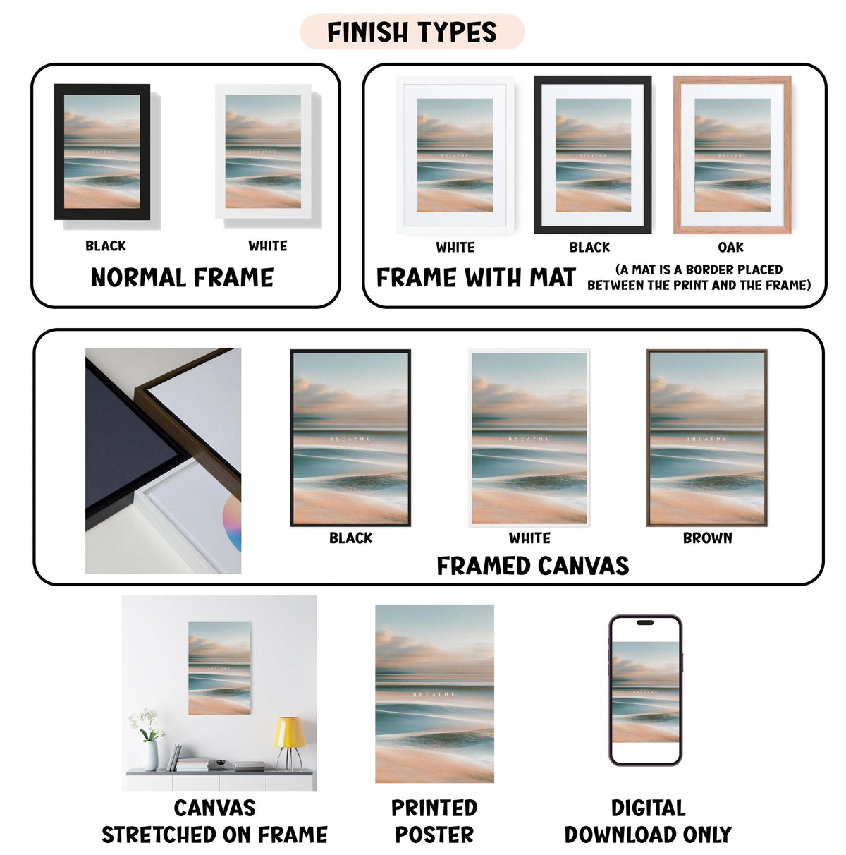 various finish types for artwork, including canvas stretched on frame, framed canvas, printed poster, and digital download only.