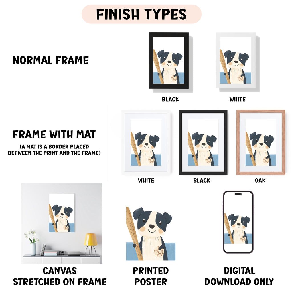 various finish types for artwork, including a normal frame, a frame with a mat, a white frame, a black frame, an oak frame, a canvas stretched on a frame, a printed poster, and a digital download only.
