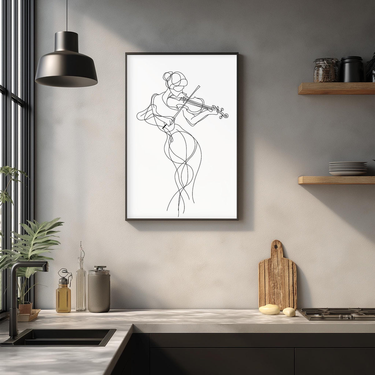 a minimalist kitchen scene with a framed drawing of a woman playing a violin hanging on the wall above a wooden cutting board and other kitchen items.