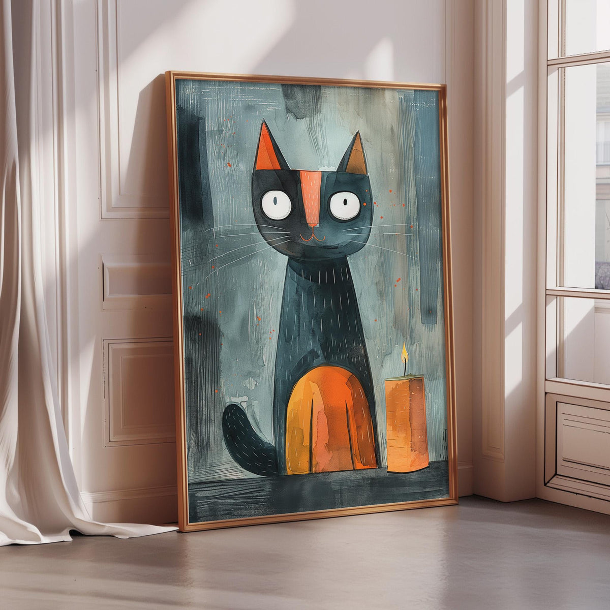 a large, colorful painting of a cat with a candle in the background.