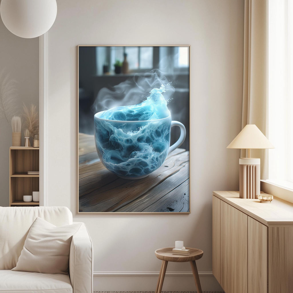 a large framed picture of a cup of tea with steam rising from it, hanging on a wall in a living room setting.