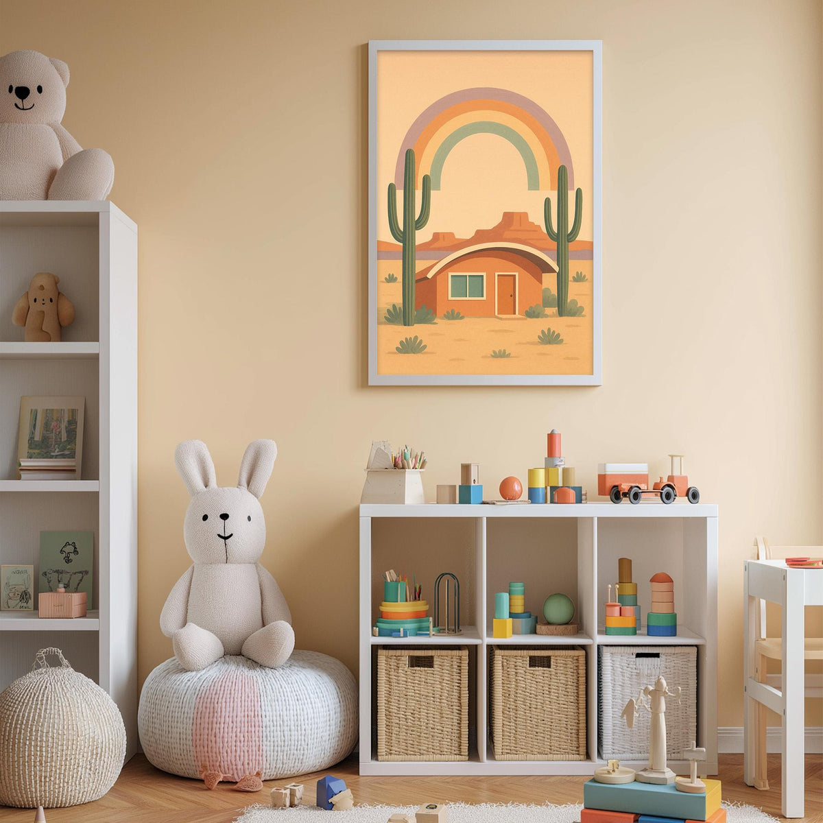 A cozy children's bedroom with a white bookshelf, a plush rabbit, and a colorful toy box filled with toys. Above the bookshelf is a framed picture of a desert landscape with a rainbow arching over it.