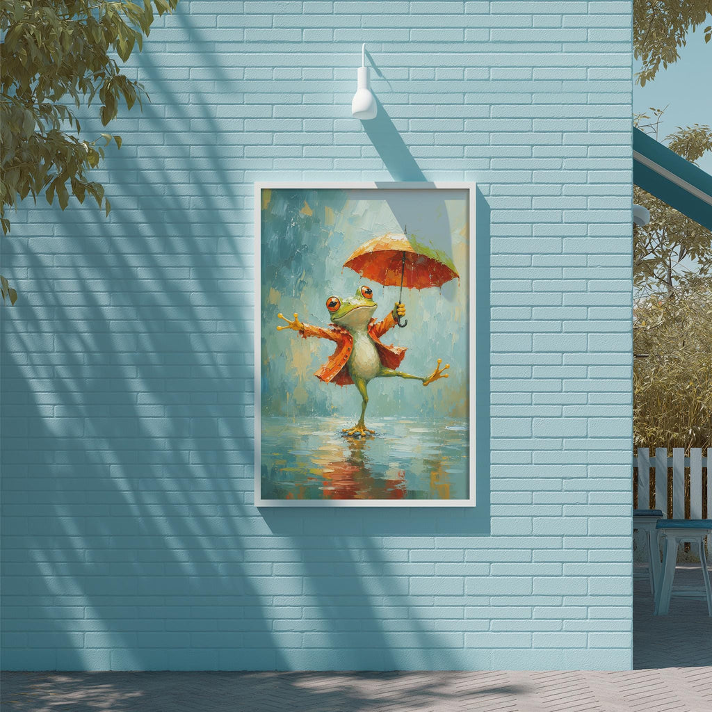 A framed painting of a frog holding an umbrella is displayed on a blue brick wall.