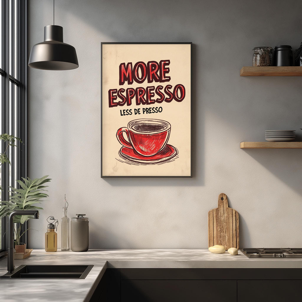 a framed poster with the text "MORE ESPRESSO LESS DE PRESSO" and an illustration of a red cup of espresso on a wooden board.