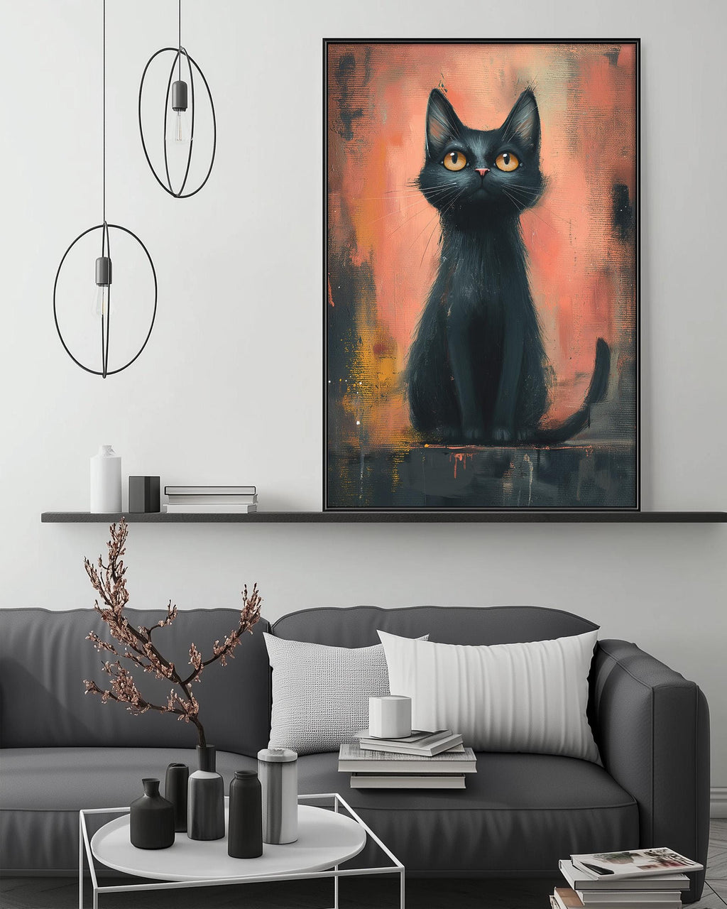 a large black cat sitting on a shelf, with a painting of the cat hanging on the wall above a gray couch. The room has a minimalist and modern design, with a coffee table, pendant lights, and a bookshelf in the background.