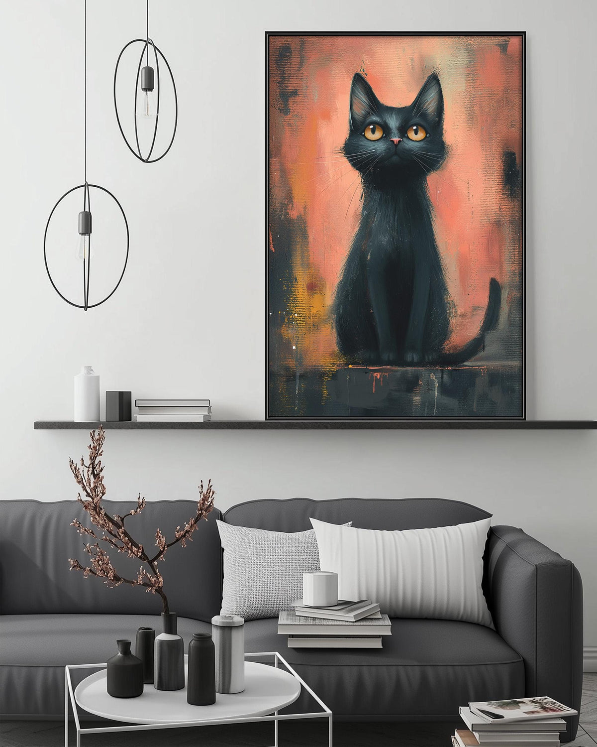 a large black cat sitting on a shelf, with a painting of the cat hanging on the wall above a gray couch. The room has a minimalist and modern design, with a coffee table, pendant lights, and a bookshelf in the background.