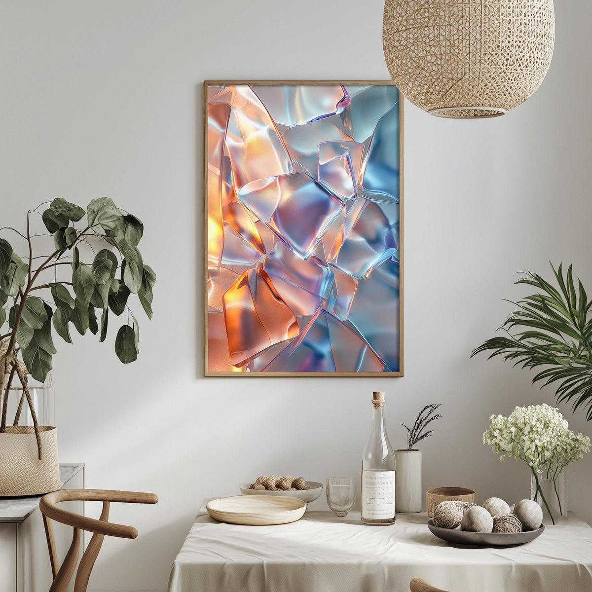 a modern dining room with a white tablecloth, a bowl of fruit, a bottle, and a plant. A framed abstract art piece is hanging on the wall above the table.