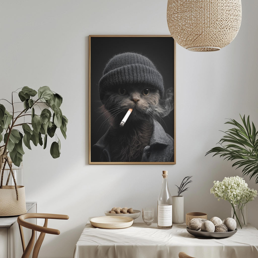 a framed photograph of a cat wearing a knit hat and smoking a cigarette, hanging on a wall above a dining table with various items on it.
