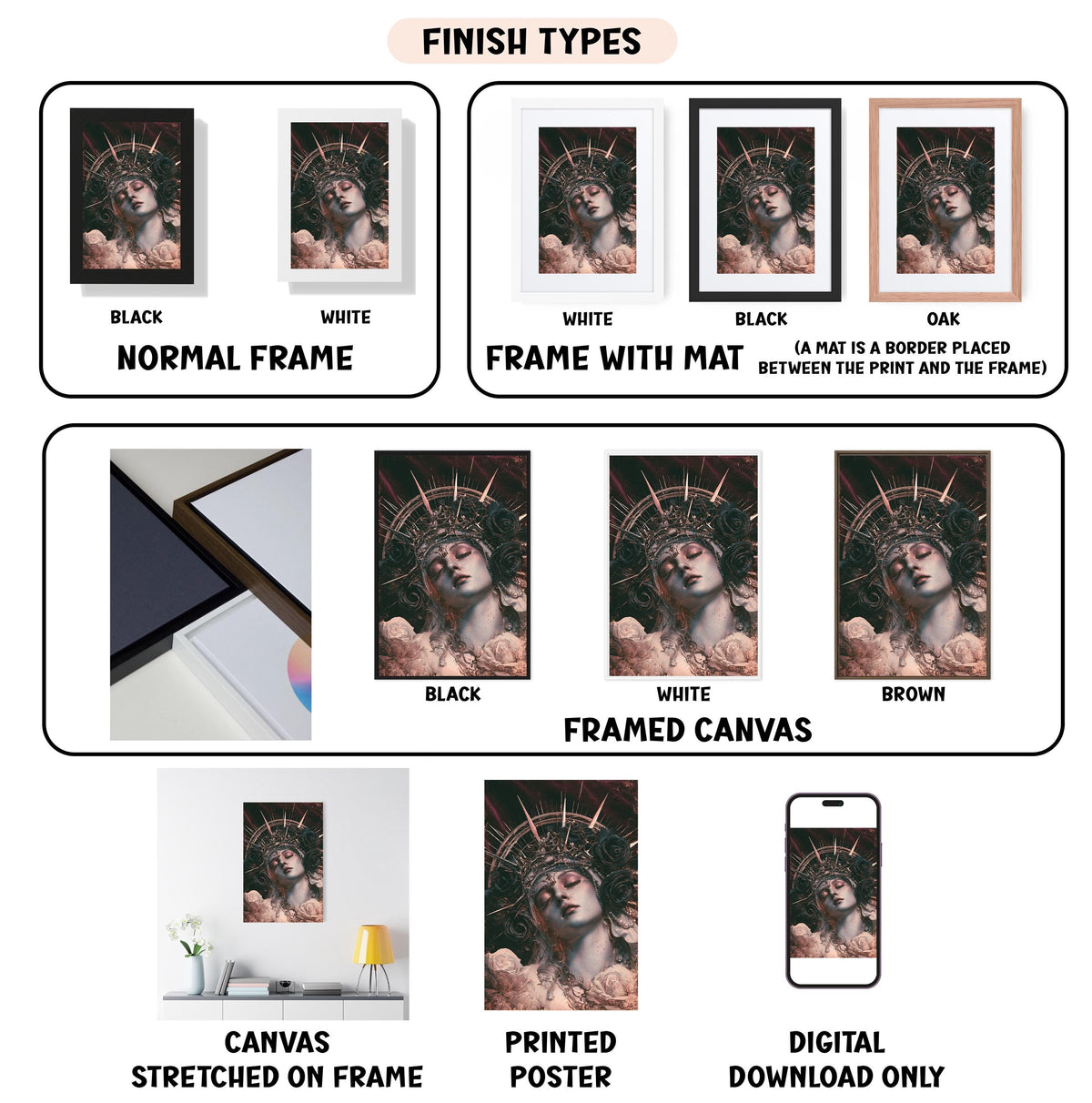 various finish types for a framed artwork, including black, white, black, oak, white, framed canvas, and digital download only. It also features a canvas stretched on a frame, a printed poster, and a digital download only.