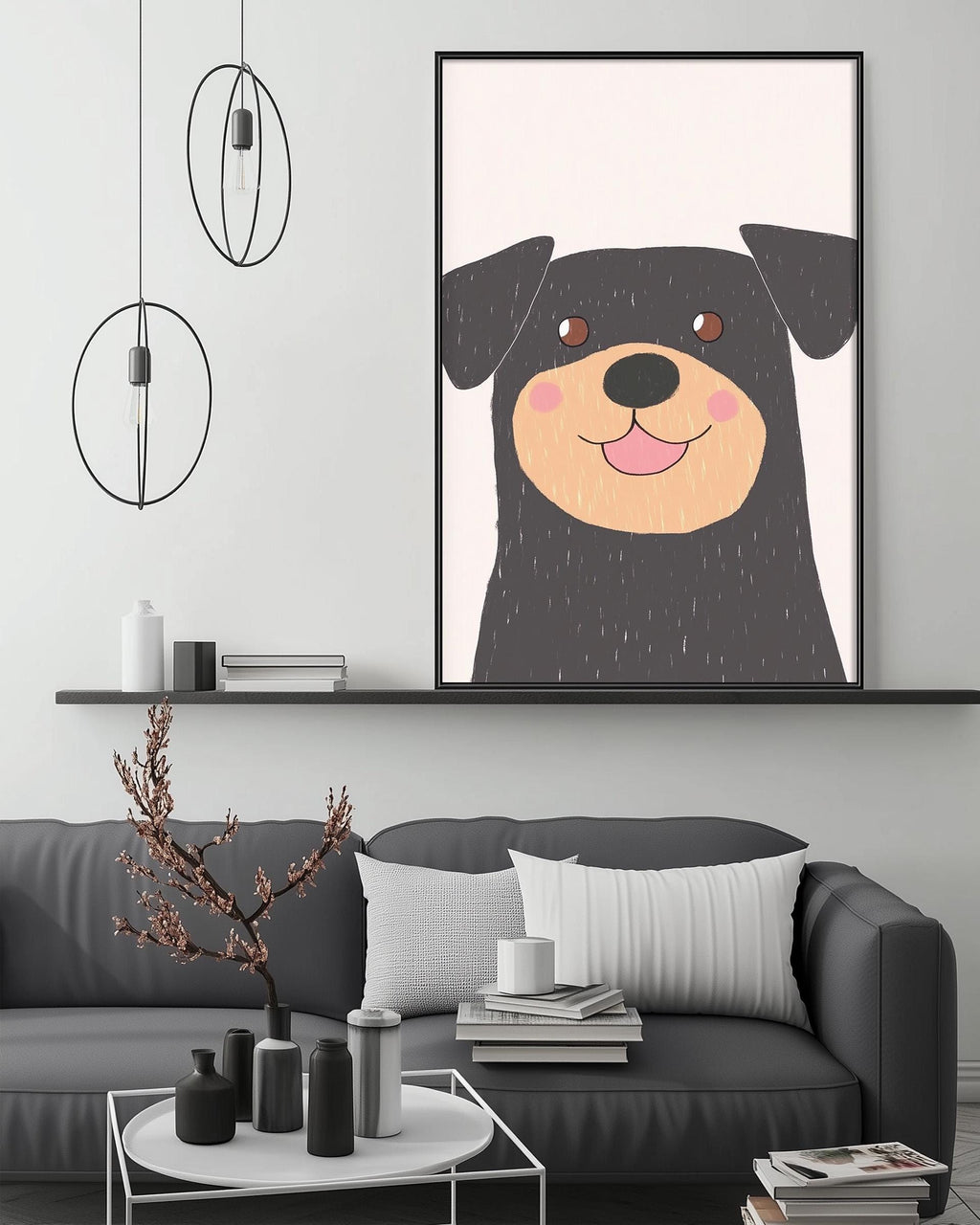 a cozy living room with a gray couch, a coffee table, and a large framed picture of a dog with a pink nose and a smiling expression. The room has a minimalist and modern design, with a black and white color scheme and a few decorative elements such as a potted plant and a vase.