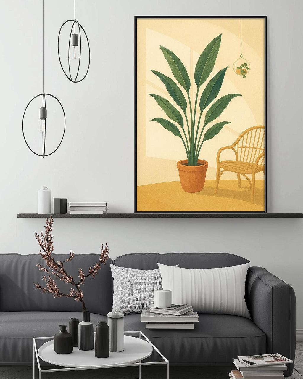 a living room with a gray sofa, a coffee table, and a large framed picture of a potted plant on the wall above the sofa.