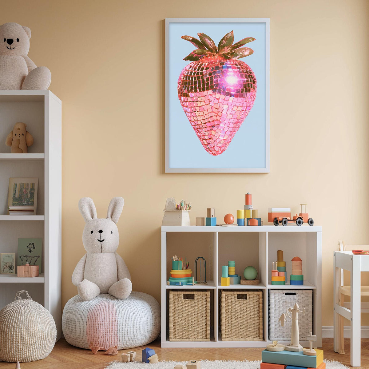 A child's bedroom with a white bookshelf, a stuffed rabbit, a toy train, and a framed image of a pink, disco ball-patterned strawberry on the wall.