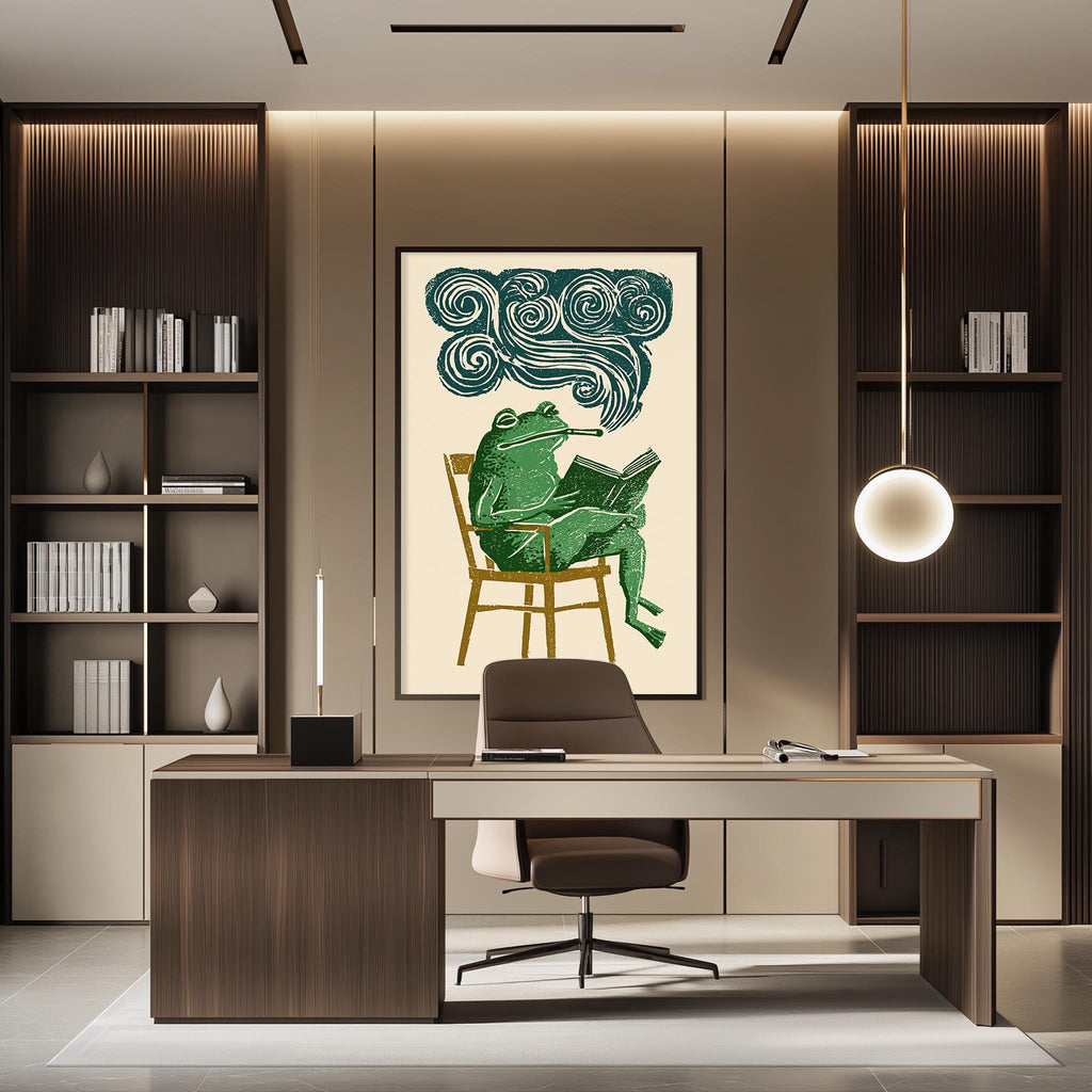 a modern office space with a large framed illustration of a frog sitting in a chair and reading a book, which is the focal point of the room.