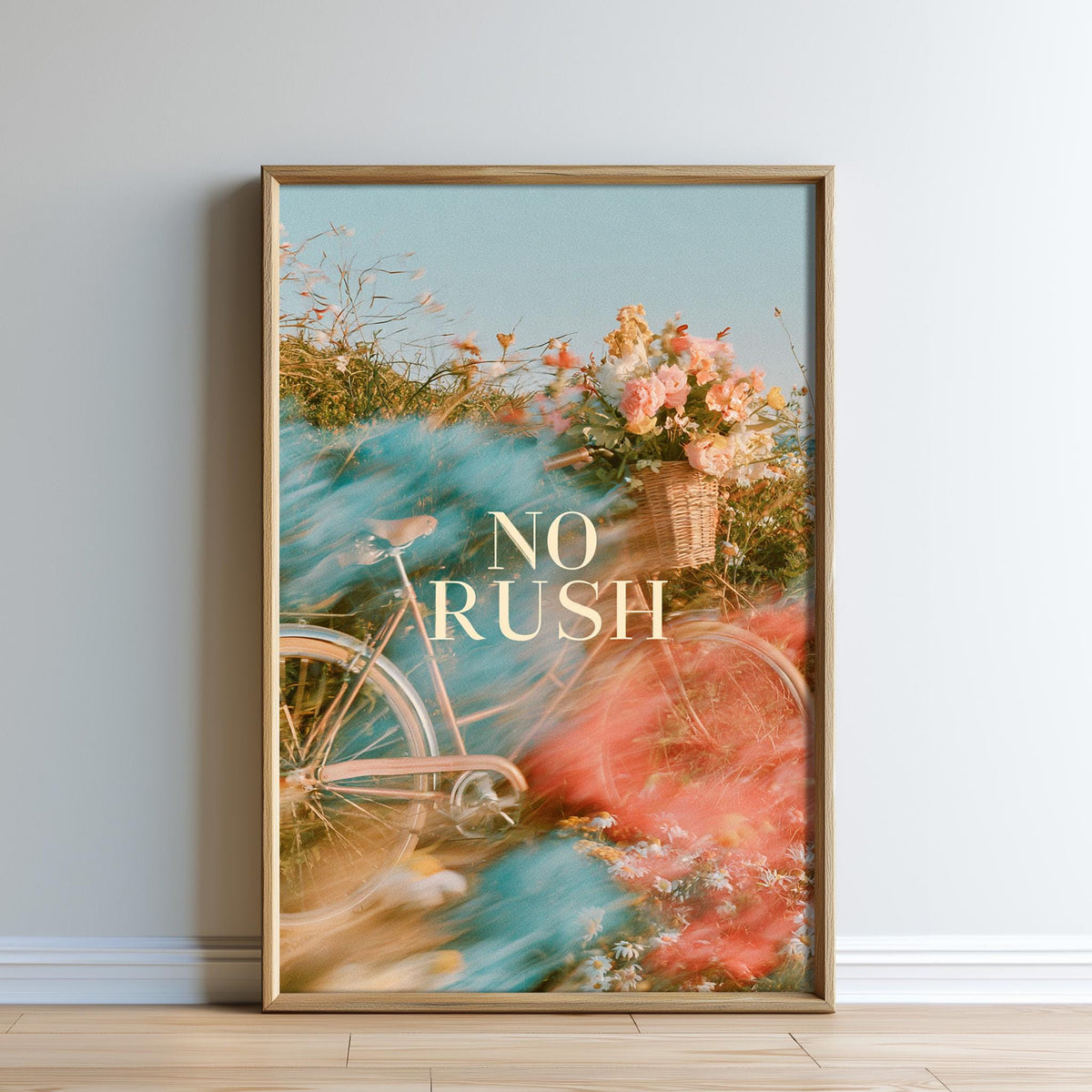a bicycle with a basket of flowers, and the text "NO RUSH" is displayed prominently in the center of the frame.