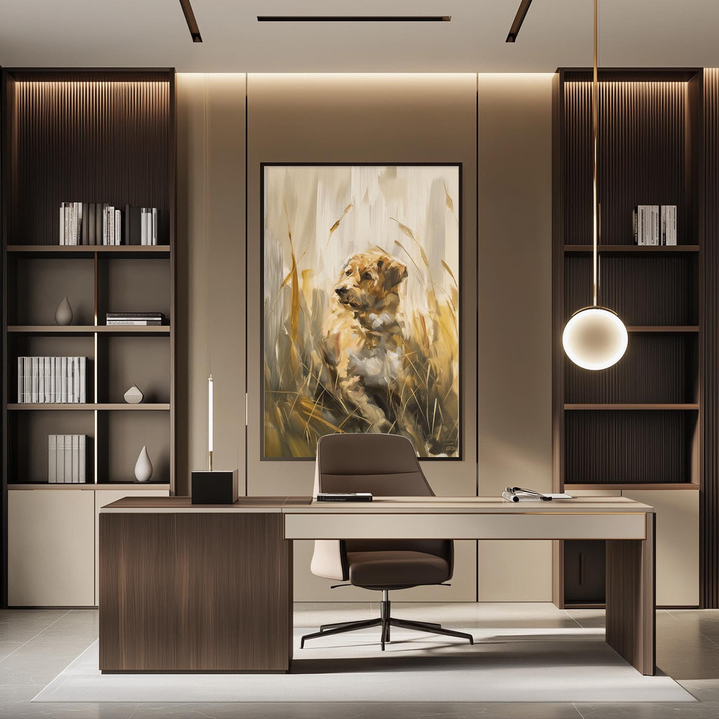 a modern and well-designed office space with a large painting of a lion on the wall, a wooden desk, and a comfortable-looking chair.
