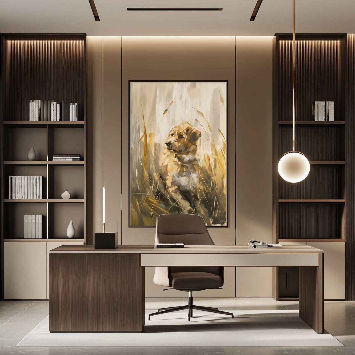 a modern and well-designed office space with a large painting of a lion on the wall, a wooden desk, and a comfortable-looking chair.
