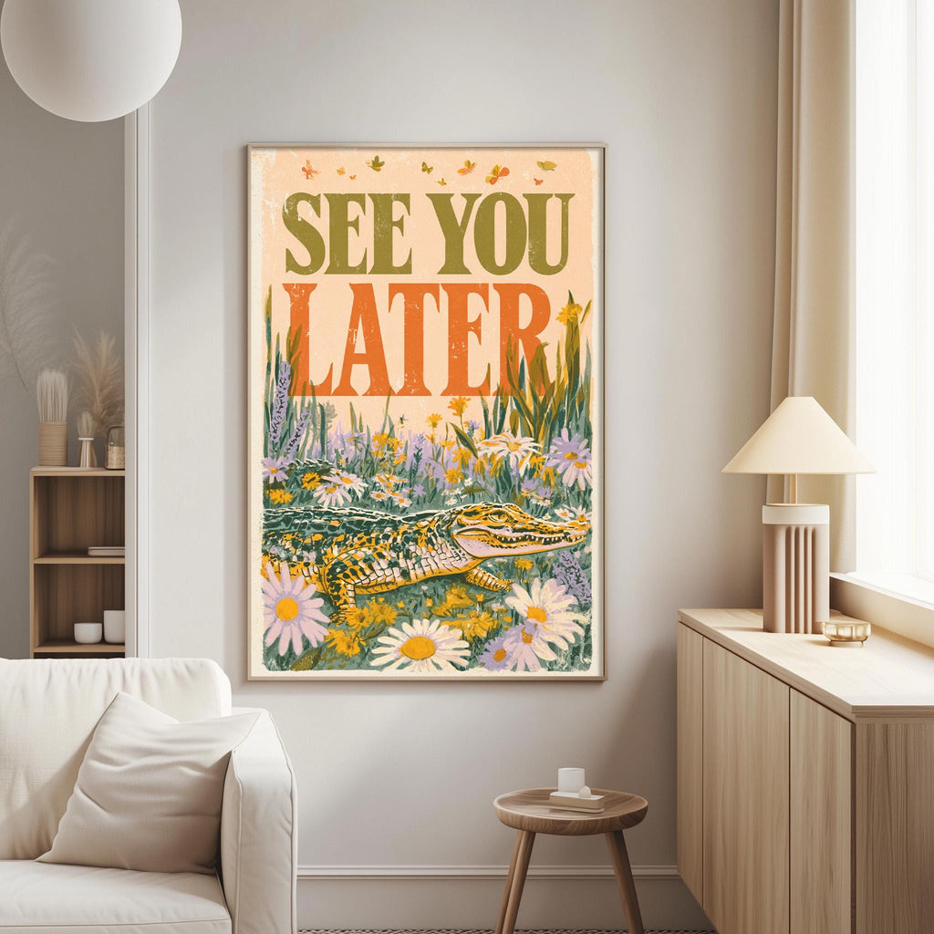 a poster with a large alligator and flowers hanging on a wall in a living room.