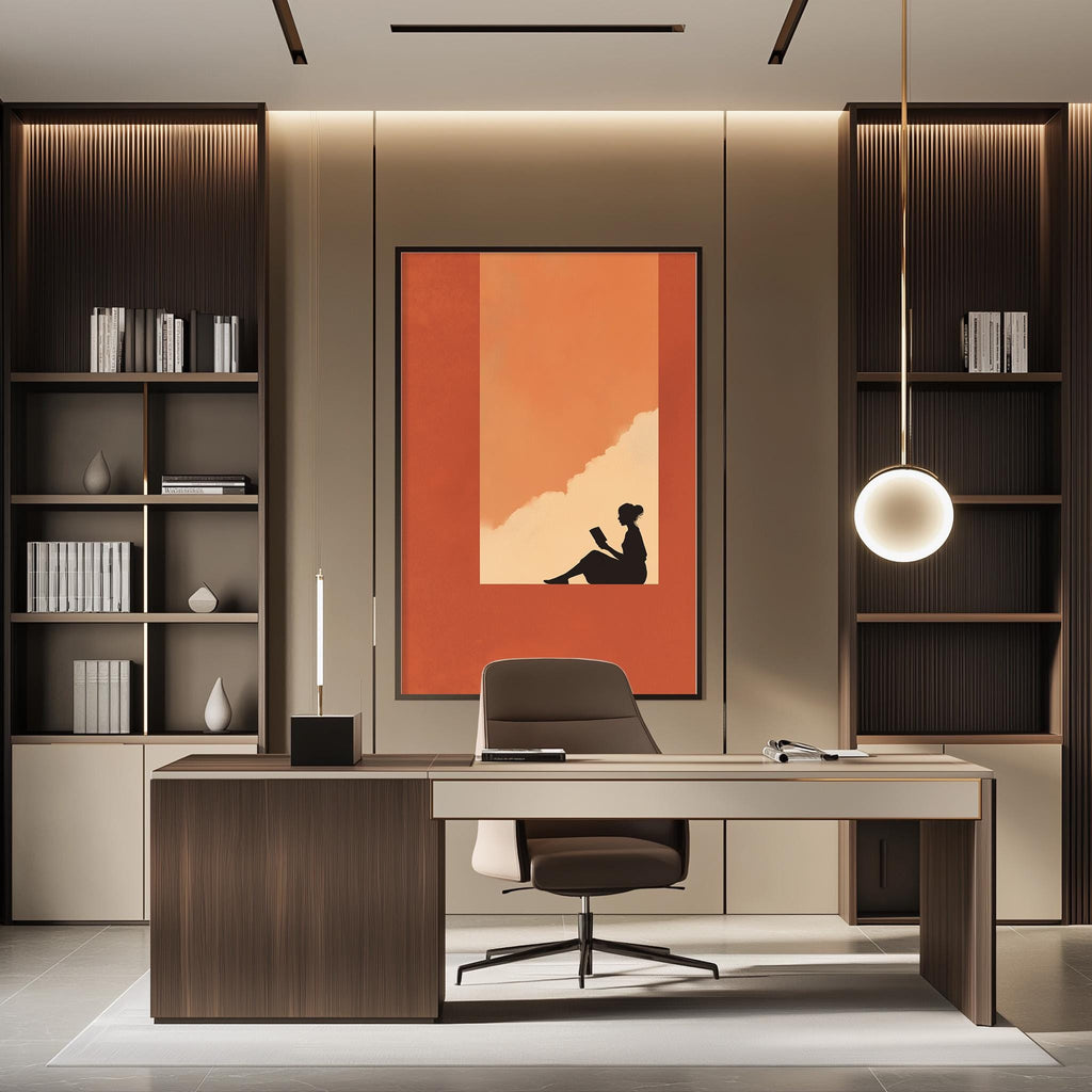 a modern and minimalist office space with a large wooden desk, a comfortable chair, and a framed artwork featuring a silhouette of a person sitting and reading a book.