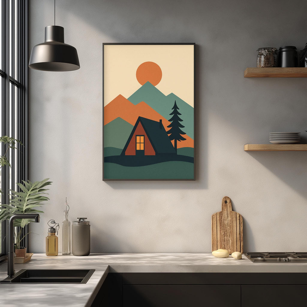 a kitchen counter with various kitchen items, such as a cutting board, a bottle, and a vase, as well as a framed print of a mountain landscape with a cabin in the background.