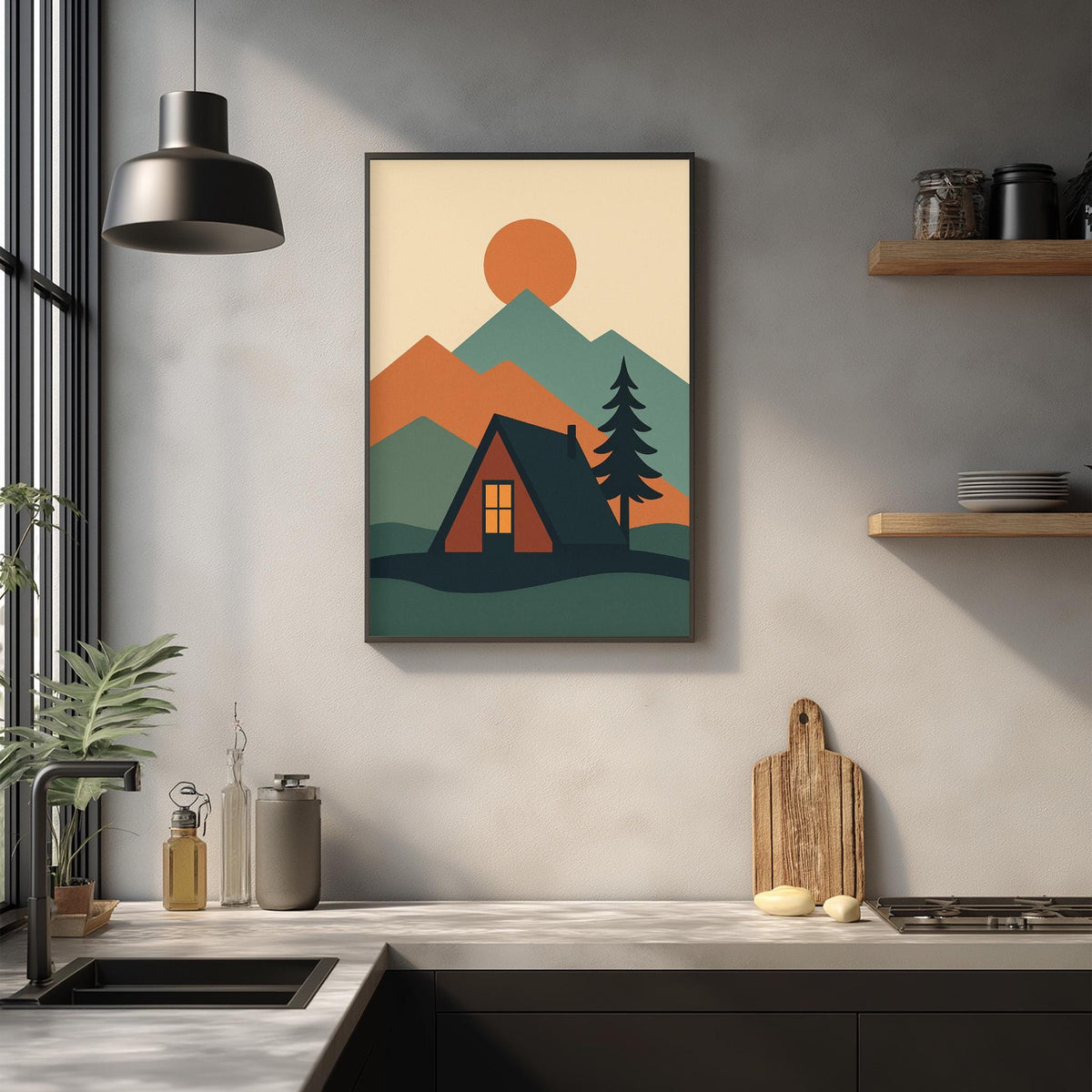 a kitchen counter with various kitchen items, such as a cutting board, a bottle, and a vase, as well as a framed print of a mountain landscape with a cabin in the background.