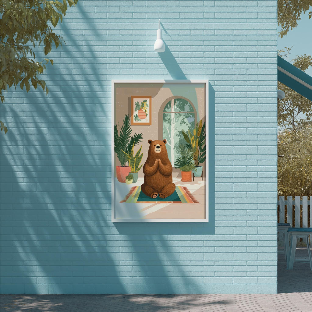 a framed illustration of a brown bear sitting on a rug in a room with a window, plants, and a light fixture.