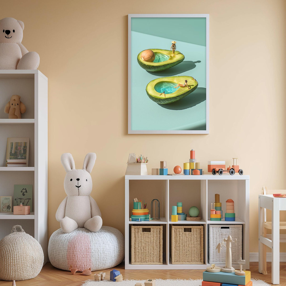 a child's bedroom with a white bookshelf, a stuffed rabbit, a toy train, and a framed picture of two avocados with people in them.